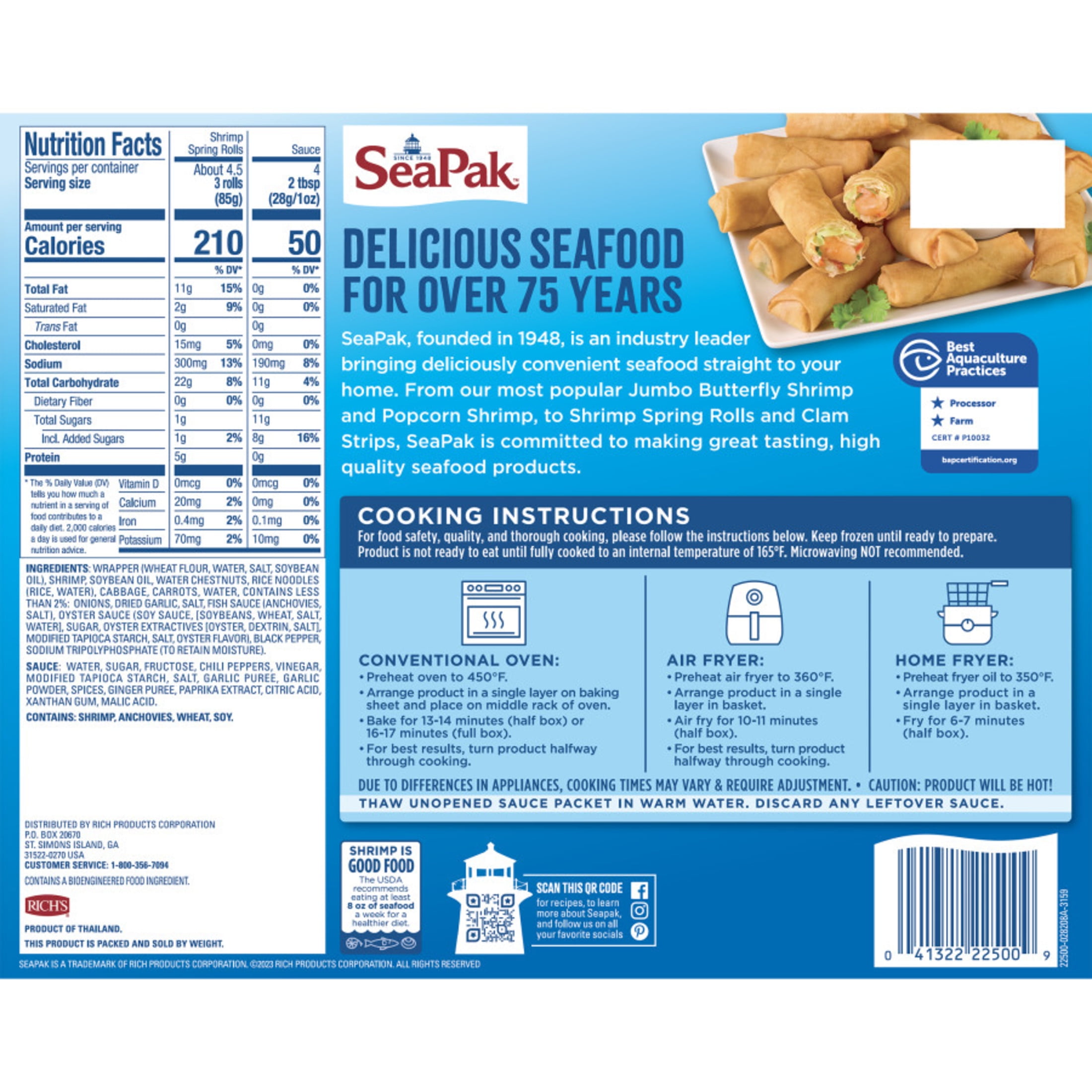 SeaPak Shrimp Spring Rolls with Sweet Thai Chili Sauce, 18 oz, BAP Certified (Frozen Seafood)
