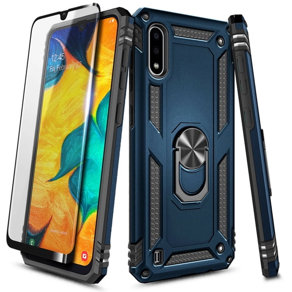 For Samsung Galaxy A01 Case with Tempered Glass Screen Protector (Full Coverage), Nagebee Military Armor [Magnetic Ring Holder & Kickstand] Shockproof Protective Cover (Navy Blue)