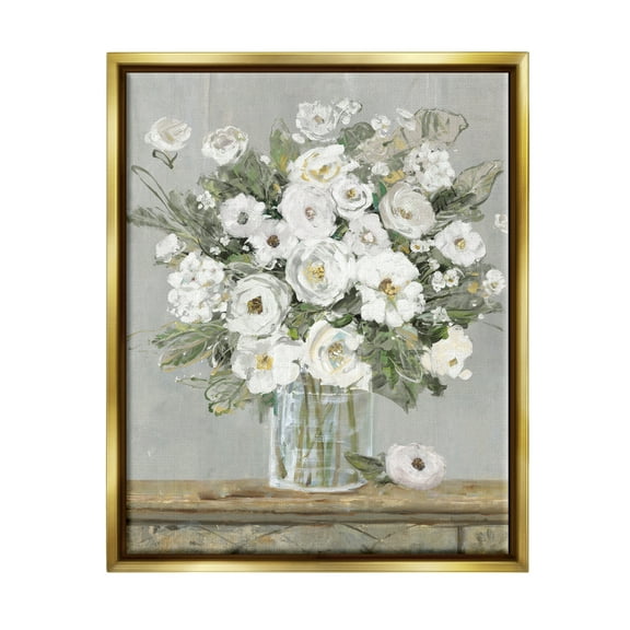 Stupell Industries White Bouquet Painting Botanical & Floral Painting Gold Floater Framed Canvas Art Print Wall Art, 17 x 21