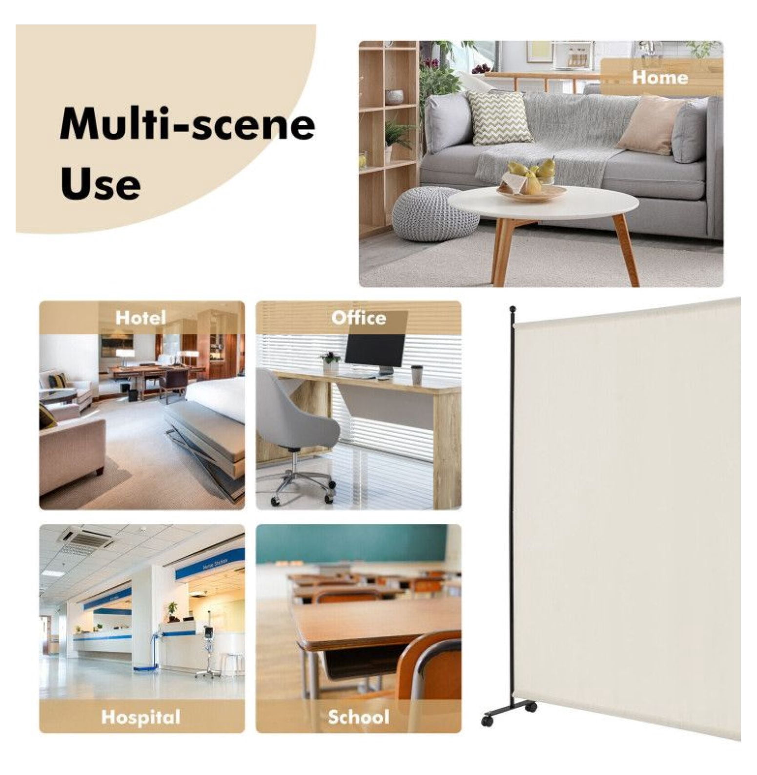 Yunken Single Panel Rolling Room Divider with Smooth Wheels, 6 Ft Tall Mobile Privacy Screen for Home & Office