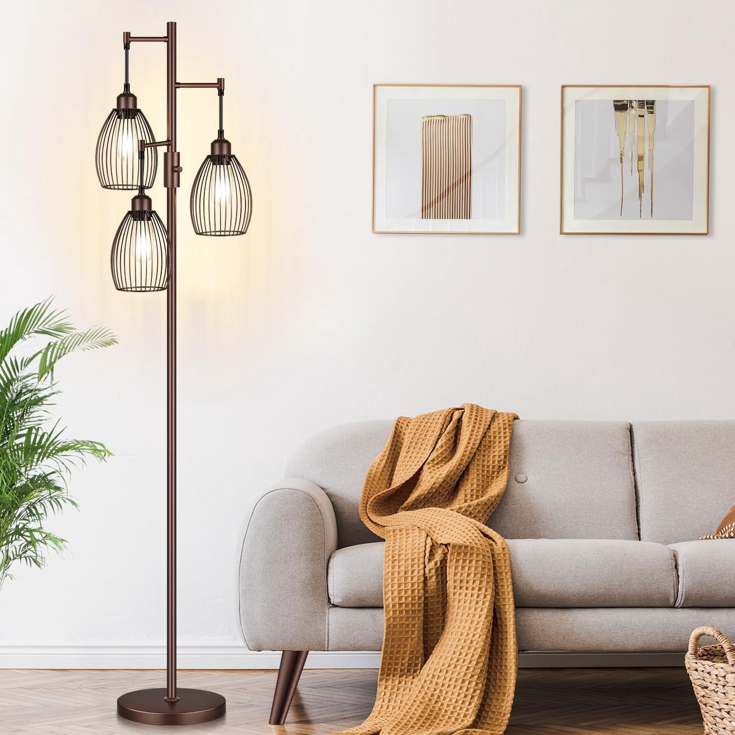 Dimmable Farmhouse Industrial Floor Lamp, Matte Brown Tree Standing Tall Lamps with 3 Elegant Teardrop Cage Head & 800 Lumens LED Edison Bulbs for Living Room Bedroom Office Dining Room