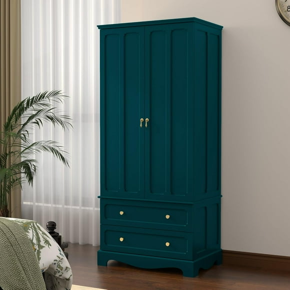 71.8" Wooden Wardrobe Closet Cabinet with 2 Drawers & 2 Doors, Freestanding Vintage Tall Antique Armoire with Aluminum Clothes Rail, Teal Green