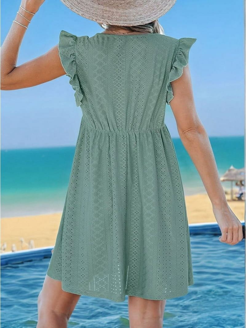 Green Lace Flutter Sleeve Mini Dress - Green,S