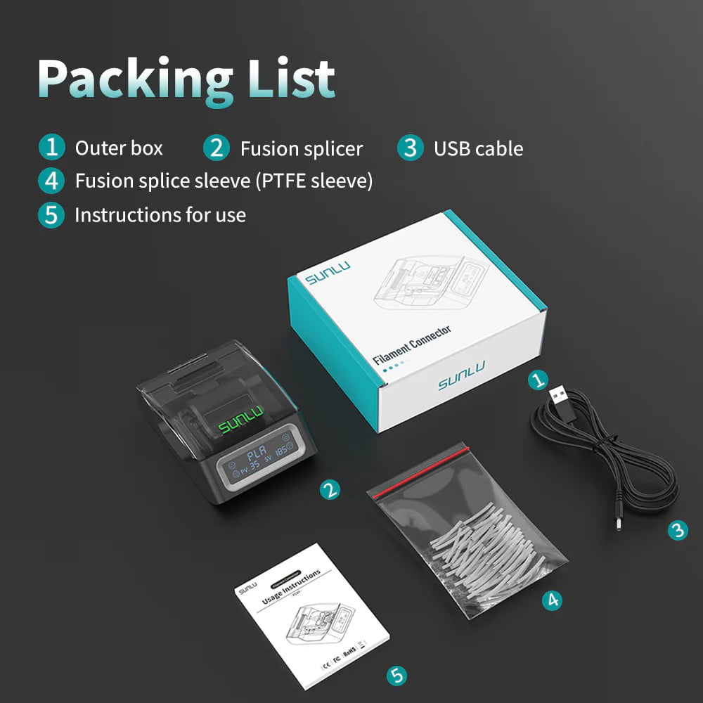 SUNLU 3D Filament Connector Welder Joiner for PLA PETG TPU ABS PA 1.75mm with 200 PTFE Tube