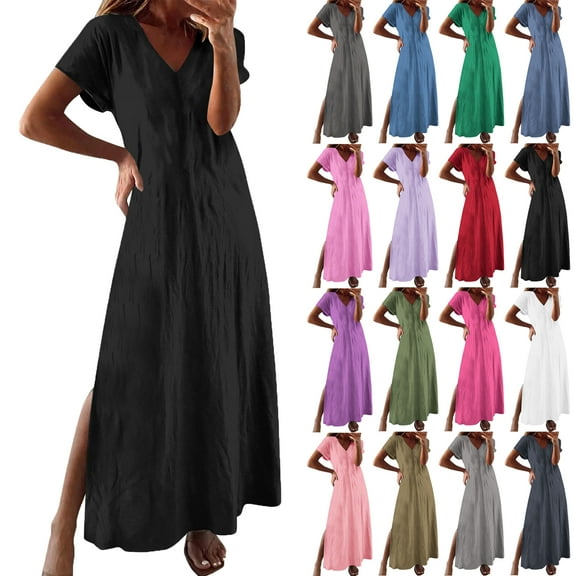 Maxi Dresses for Women Solid Color Maxi Dress Crew Neck Loose Short Sleeve Knee-length Dress Lightweight Womens Casual Summer Dress Party Office Outfit S-XXL