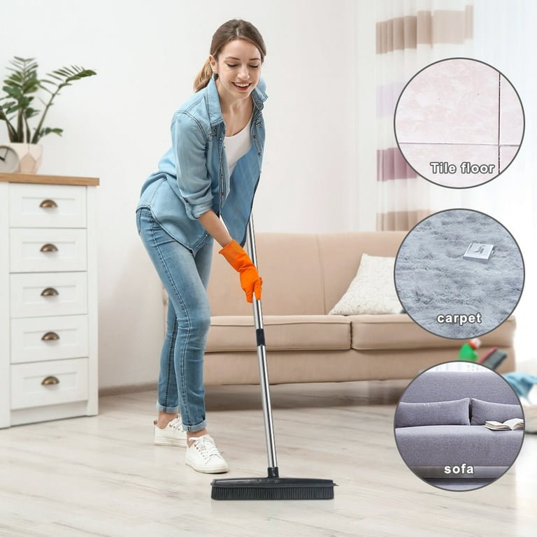 Rubber Broom for Carpet Pet Hair Remover, Carpet Rake with Squeegee  Silicone Broom for Floor Cleaning Long Handle Push Broom Outdoot Indoor Non