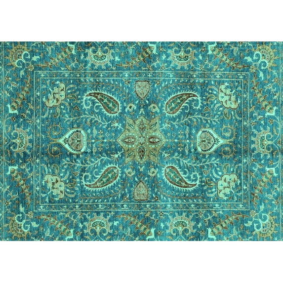Ahgly Company Machine Washable Indoor Rectangle Oriental Turquoise Blue Traditional Area Rugs, 4' x 6'