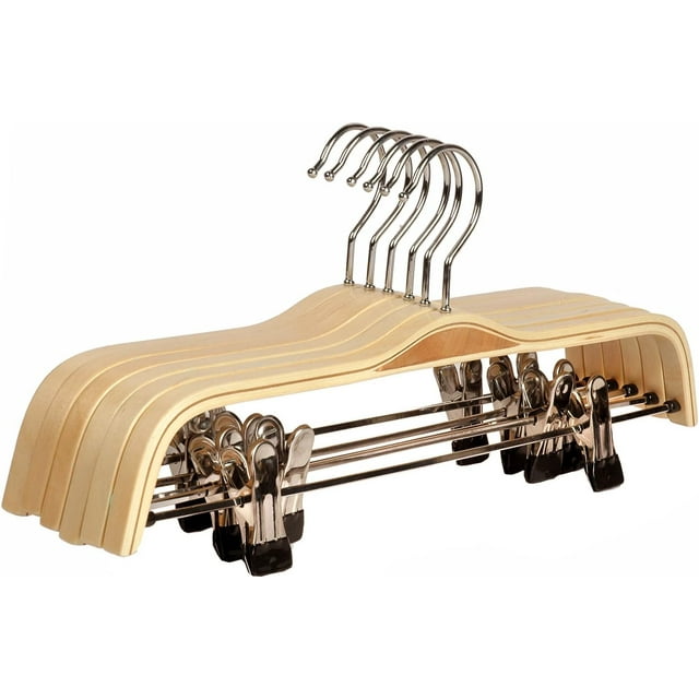 QPENWEI Lot de 6 unité Cintres en Bois Authentique, Couleur Claire, résistantes, pour Pantalon et vêtements, avec Pinces