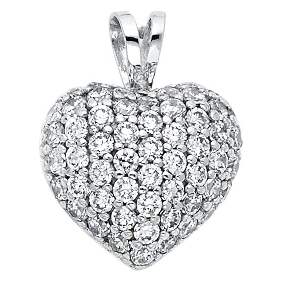 CZ Bubble Heart Pendant Solid 14k White Gold Charm Love Style Pave Set Fashion Polished Fancy 14 x 13 mm