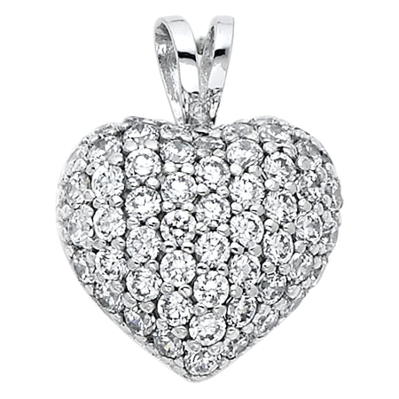CZ Bubble Heart Pendant Solid 14k White Gold Charm Love Style Pave Set Fashion Polished Fancy 14 x 13 mm