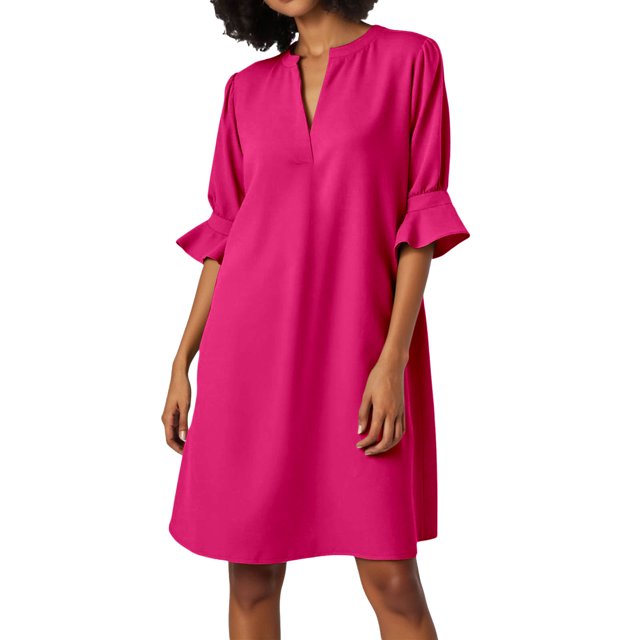 Vestido informal liso de manga corta y cuello en V para mujer - Minivestido de verano de poliéster con ribete con volantes, S-XXL