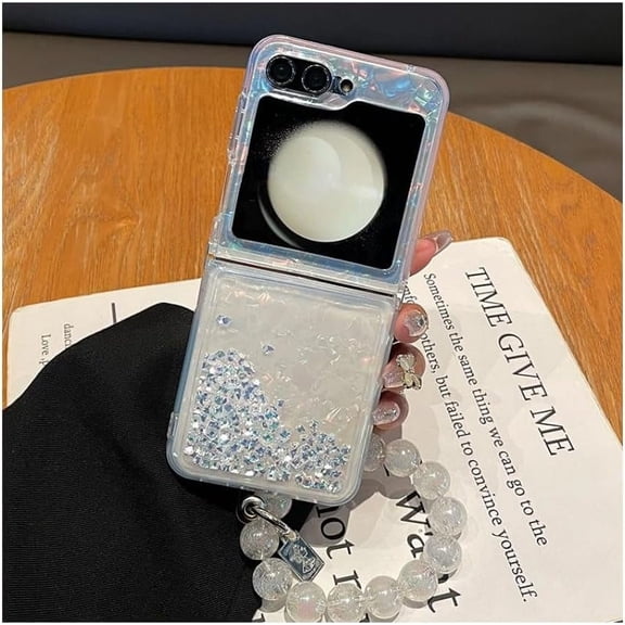 for Galaxy Z Flip 6 Glitter Crystal Rhinestone Case with Pearl Wristband Chain, Kawaii Pearl Bracelet Glitter Sparkle Shockproof Slim Phone Cases (Silver,Flip 5)