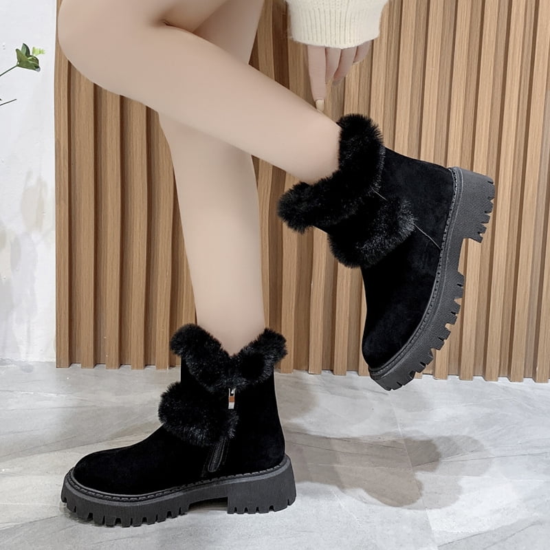 ZMNEW Warm Faux Fur Ankle Boots for Women Thicken Plush Winter Snow Boots Woman Shoes Square Heel Platform Walmart