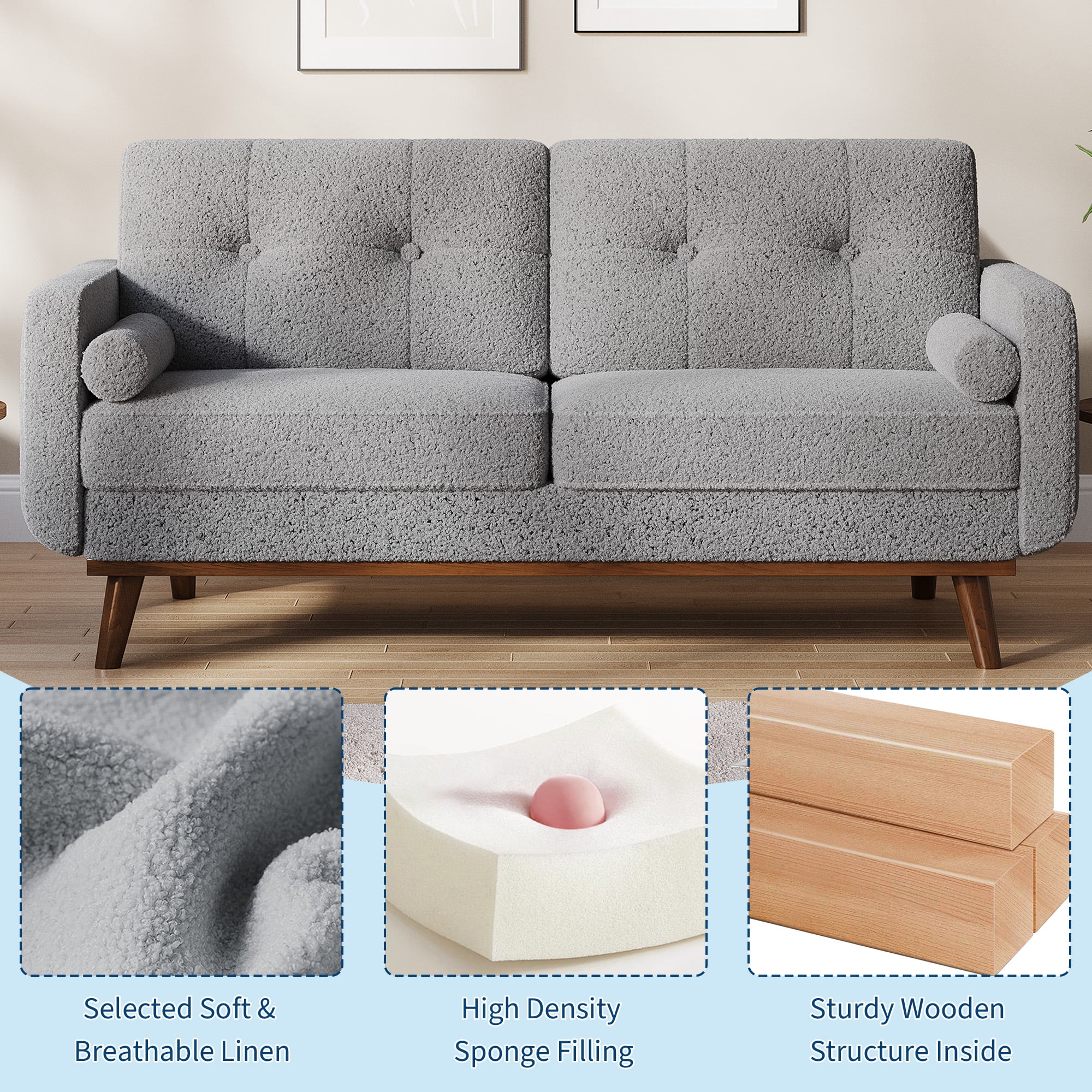 Modern Accent 65"W Loveseat Sofa, Button Tufted Upholstered Furniture,Mid Century Modern Decor Love Seat Couches for Living Room, Small Couch for Bedroom Office Apartment, So-lid & Easy to Install