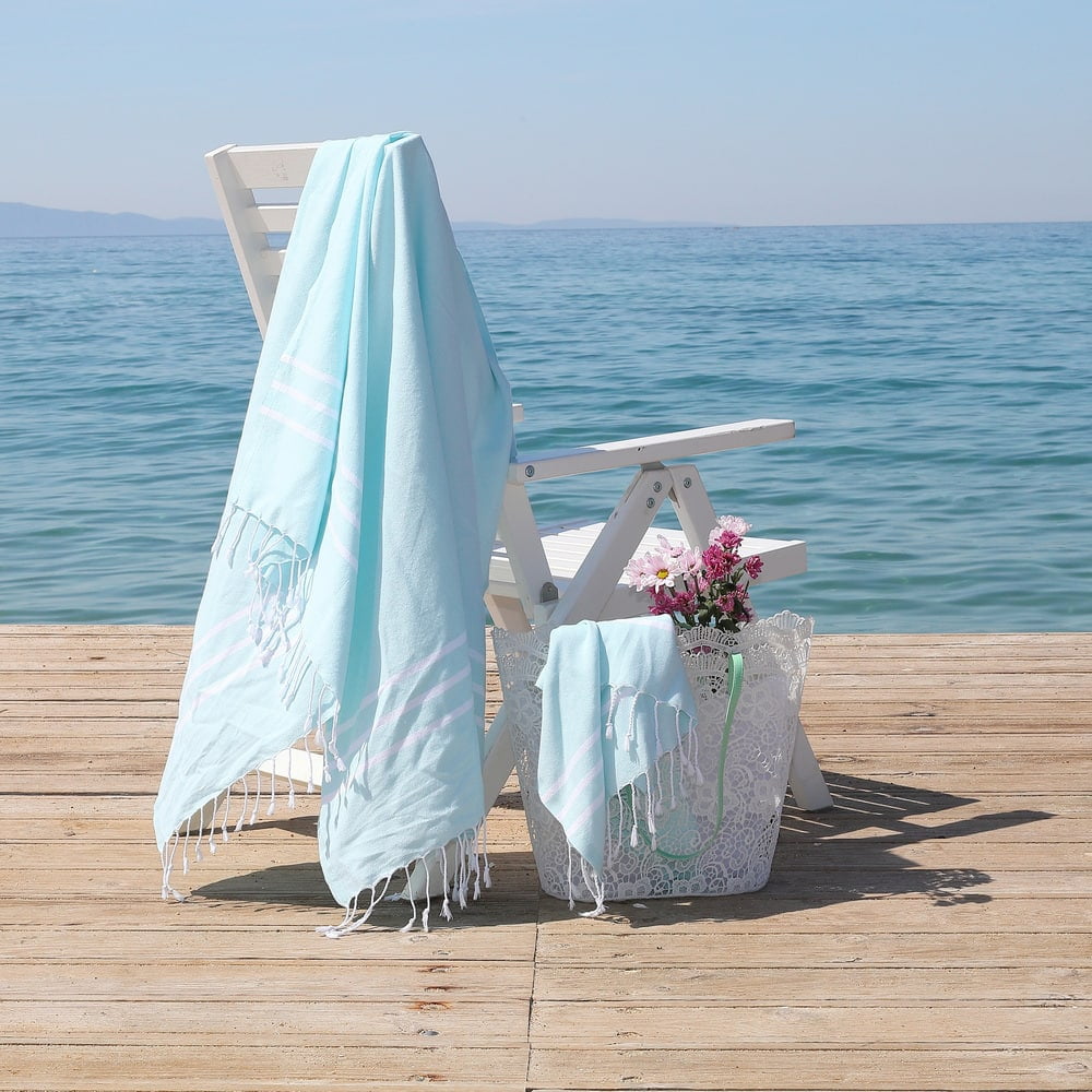 Linum Home Alara 100% Turkish Cotton Monogrammed White and Aqua Pestemal Beach Towel Set
