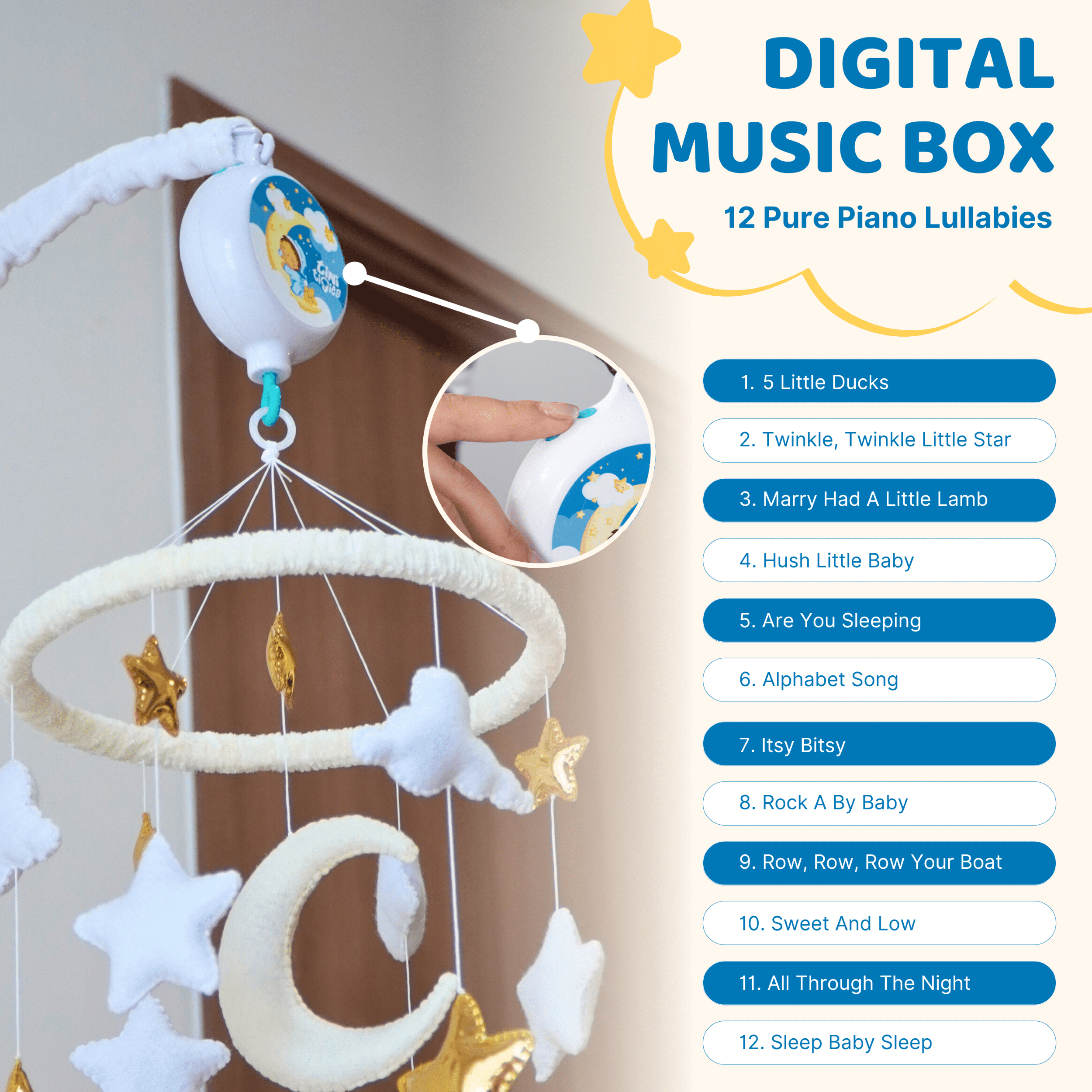 TINITIGIES Star & Moon Baby Crib Mobile with Music Box – Handmade Felt Nursery Mobile, 12 Piano Lullabies, Golden Star Theme for Visual & Cognitive Development
