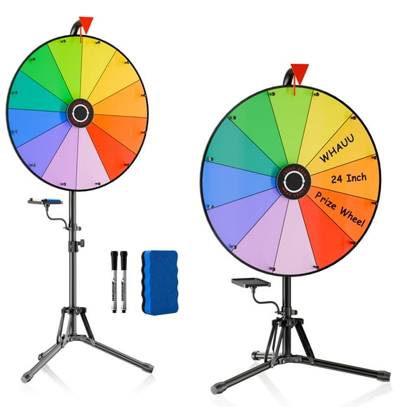 WHAUU 24 Inch Prize Wheel, Spinning Wheel for Prizes with Folding Tripod Stand, 12 Color Slots Dry Erase Spinner with Marker & Eraser for