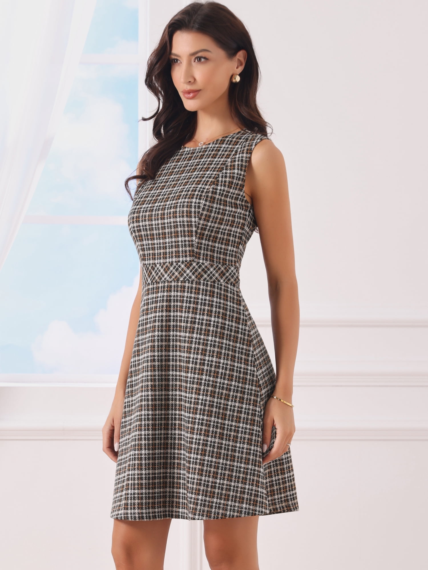 DARING DIVA Women's Plaid Dress Sleeveless A Line Houndstooth Work Dress XL Coffee