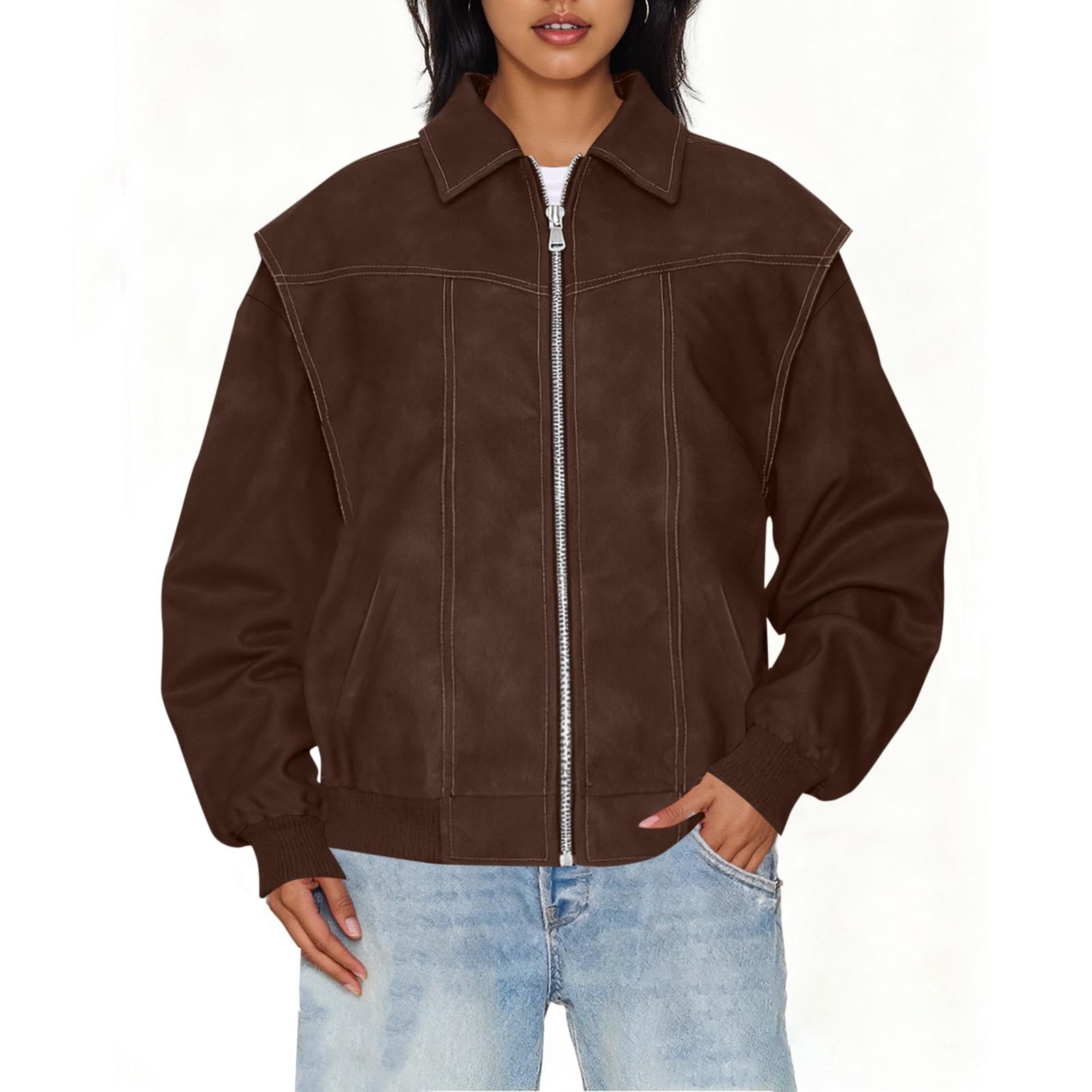 IROINNID Women's Faux Leather Jacket Long Sleeve Front Zip Pocket Biker Moto Jacket