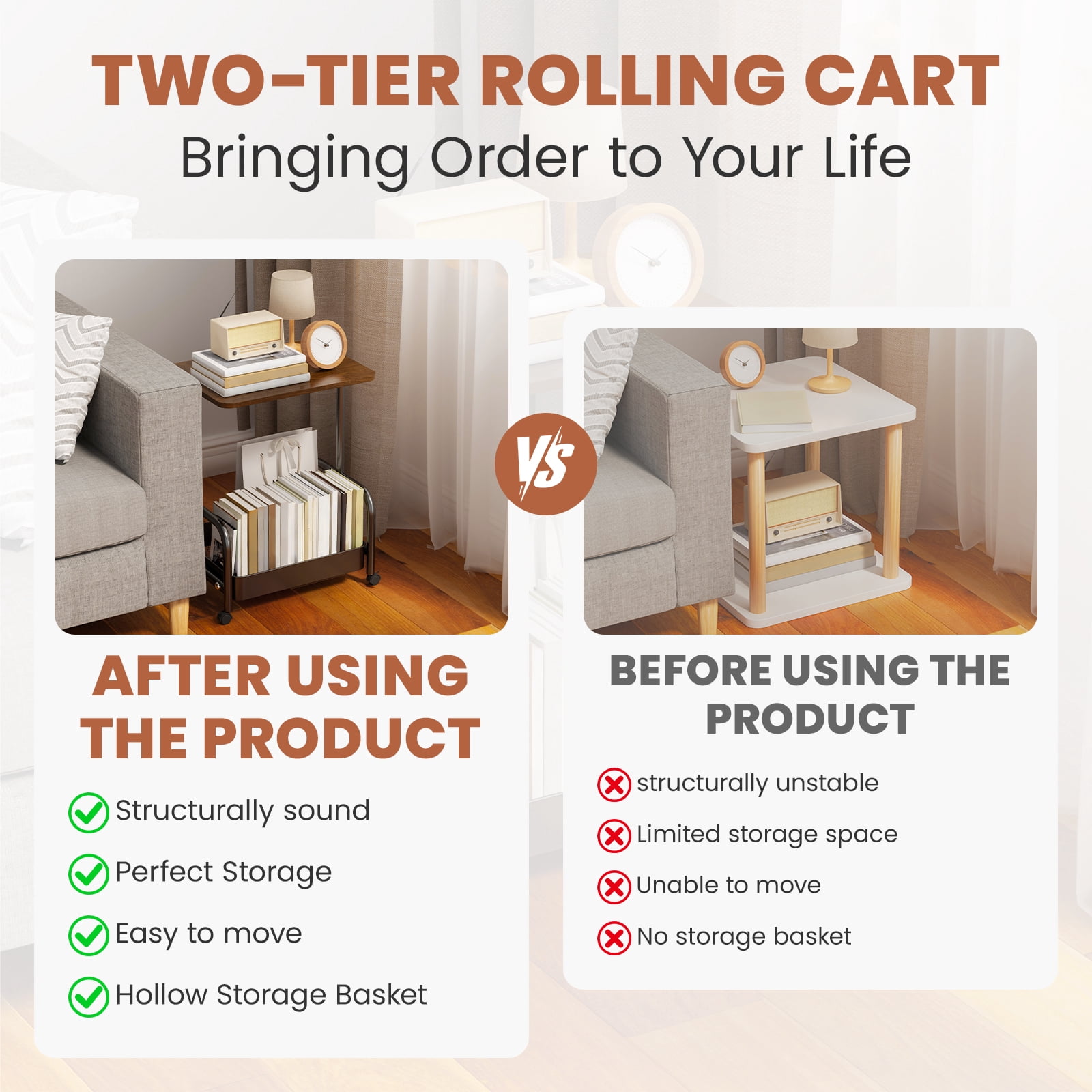 2-Tier/3-Tier Metal Rolling Utility Cart with Walnut Table Top, Lockable Wheels, Mobile Storage Organizer for Kitchen, Coffee Bar, Bathroom & Craft Room