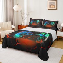 Manfei Colorful Game Console Twin Sheet Sets,Gamepad Gamer Twin Fitted Sheet,Red Hexagon Pattern Flat Sheet For Kids,Super Cozy Room Decor,3-Piece