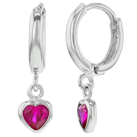 Rhodium Plated Small Pink CZ Hoop Dangle Heart Earrings for Girls ...