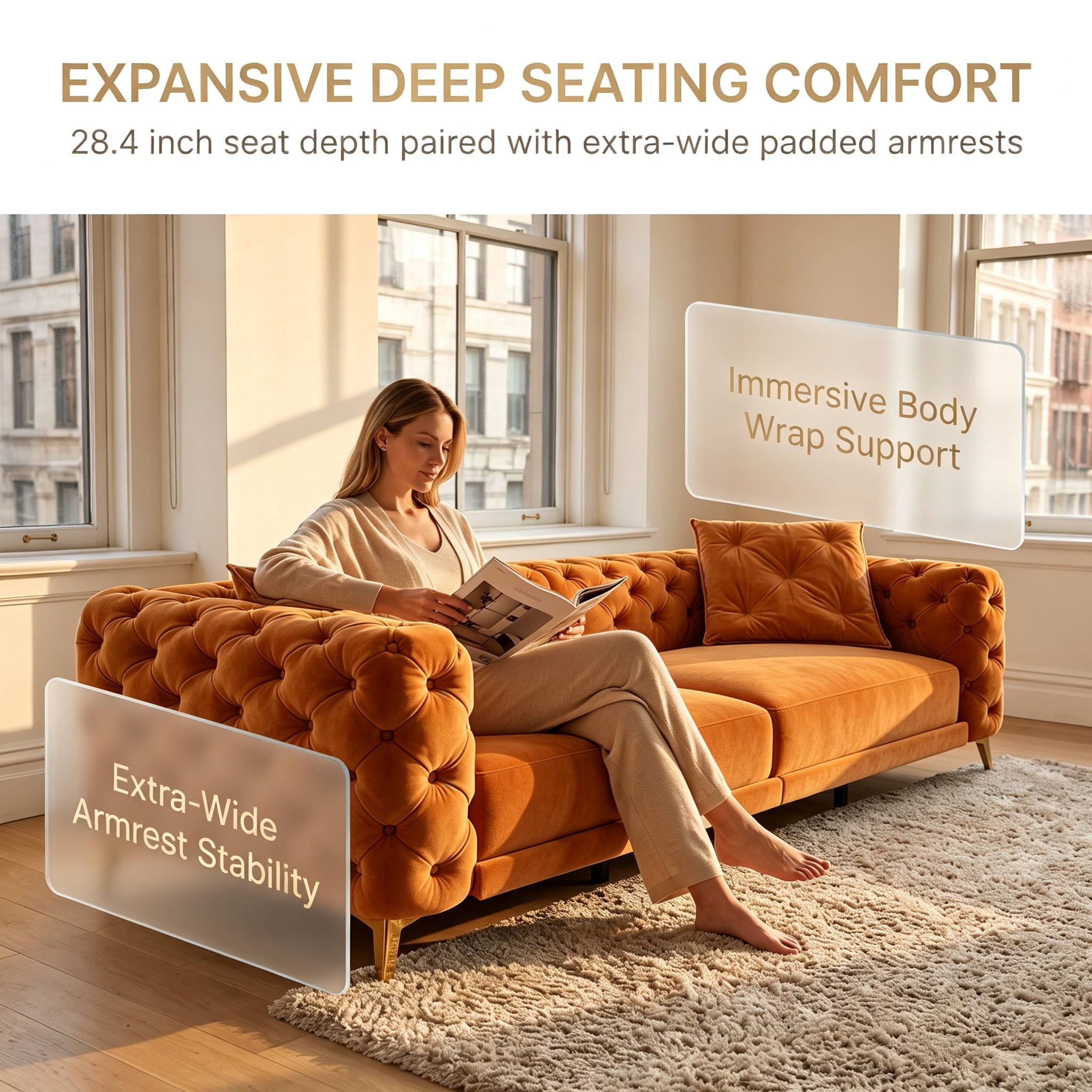 3-in-1 Velvet Sleeper Sofa Bed, 97.7" Modern Button Tufted Convertible Pull Out Couch with Gold Metal Legs & Deep Seat for Living Room, Orange