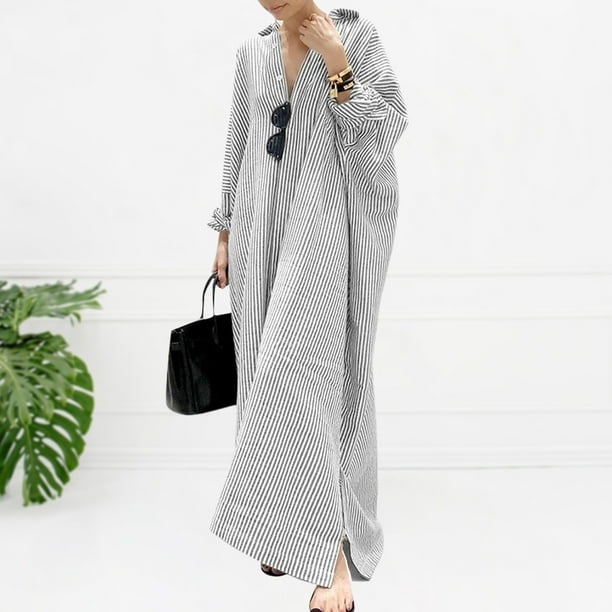 Vestido Camisa holgada a rayas Vestido maxi Cárdigan informal con botones Vestido de viaje diario Cgtredaw Gris L para Mujer