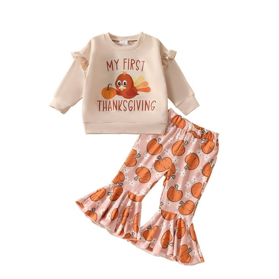 Mercatoo My First Thanksgiving Set Girls Print Sweatshirt Pumpkin Flared Pants 2 Piece Set Girls Thanksgiving Outfits