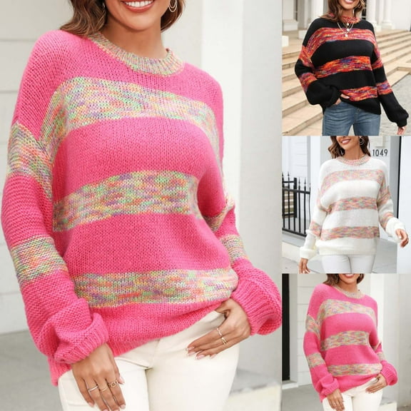 LOVZFMLL Women's Sweaters, Acrylic Crew Neck Ribbed Pullover Striped Color Block Fashion Casual Loose Tops Warm Fall Winter Clothes