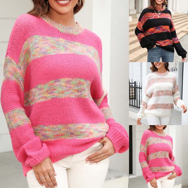 LOVZFMLL Women's Sweaters, Acrylic Crew Neck Ribbed Pullover Striped Color Block Fashion Casual Loose Tops Warm Fall Winter Clothes