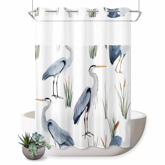 No Hook Shower Curtain with Built-in Rings - Blue Watercolor Seabirds Washable Waterproof Fabric Bathroom Curtains for Hotel,Rentals, Stall 48 X 72 Inch , Tropical Beach Animal White