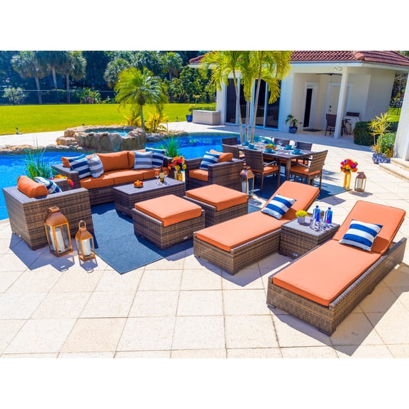Sorrento 16-Piece Resin Wicker Outdoor Patio Furniture Combination Set in Brown w/ Sofa Set, Six-seat Dining Set, and Chaise Lounge Set (Flat-Weave Brown Wicker, Sunbrella Canvas Tuscan)
