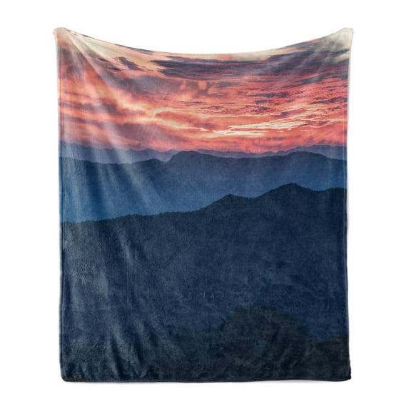 Appalachian Soft Flannel Fleece Throw Blanket, Landscape Photo of Sunset over Blue Ridge Mountains in Virginia, Cozy Plush for Indoor and Outdoor Use, 70" x 90", Coral and Dark Sky Blue, by Ambesonne