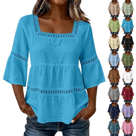 VBVC Women's Cotton Linen Square Neck Top, Ladies' 3/4 Sleeve Babydoll Blouse, Lace Trim Tiered Summer Shirt For Women, Dark Blue , S-2XL