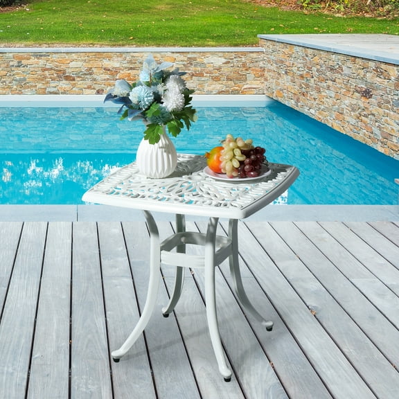 UBesGoo Cast Aluminum Patio Table with Umbrella Hole Outdoor Bistro Table, 21 in Square End Table, White