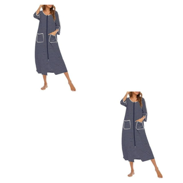 yingyy 1/2/3 Polyester Robe de Nuit Femme Décontractée Col Rond Manches Longues Double Poche Respirante Robe de Maison Vêtements de Nuit Bleu Foncé S 2 Pcs