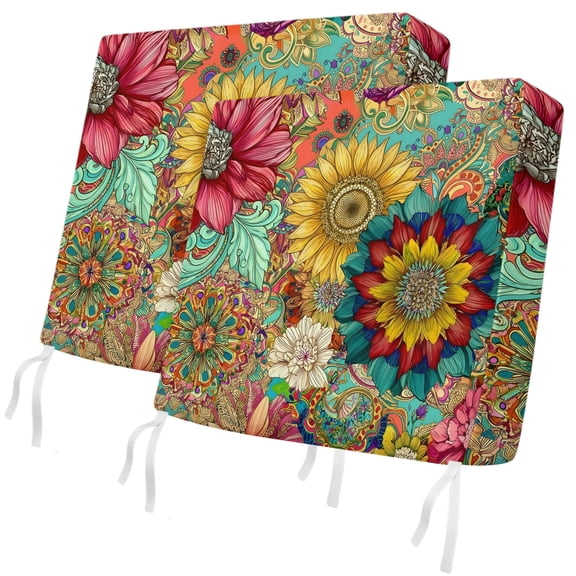 Outdoor Patio Cushion Covers 2 Pack Boho Paisley Swirls Chair Pads Slipcovers with Ties & Zipper Waterproof Vibrant Bohemian Sunflowers Seat Cushion Covers for Couch Sofa 24x24 Inch