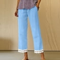 thumbnail image 4 of Cagogo Women Cotton Linen Straight Elastic Waist Pants with Pockets Solid Casual Ankle Trousers Lounge Work Beach Clothes, Blue L, 4 of 5