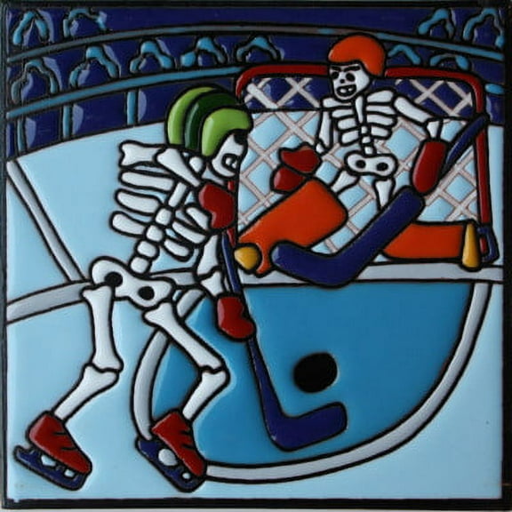 6x6 Hockey On Ice. Day-Of-The-Dead Clay Tile