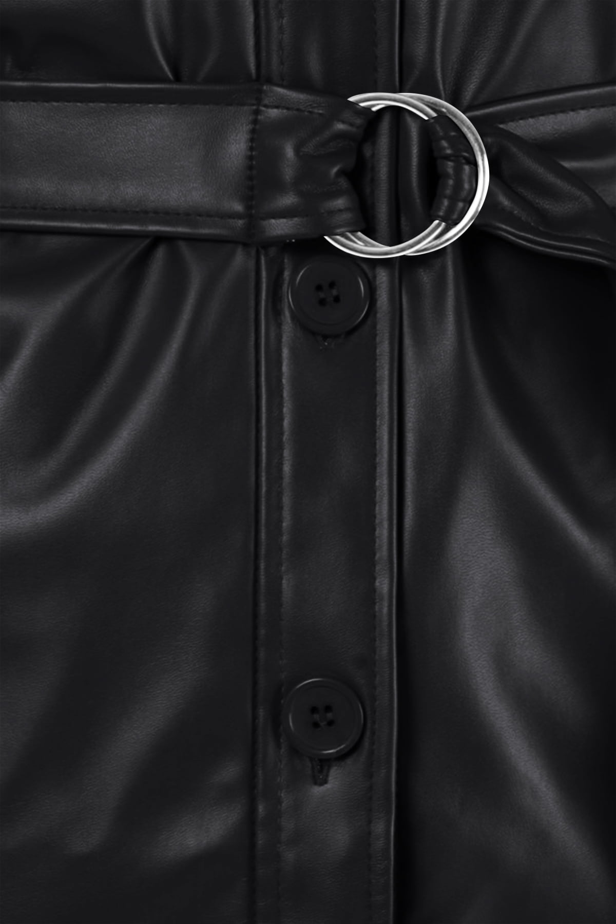 Women's Long Sleeve Button Front Waist Belted Faux Leather Coat Jacket