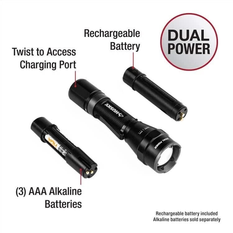 Husky 1800 Lumens Dual Power LED Rechargeable Tactical Focusing Flashlight