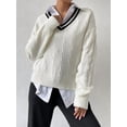 thumbnail image 5 of Womens V Neck Oversized Sweaters Long Sleeve Cable Knit Pullover Striped Chunky Sweater Casual Tennis Tunic Tops White S, 5 of 6