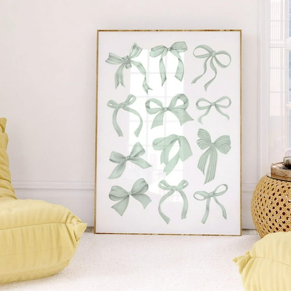Bow Wall Art Sage Green Art Print Trendy Coquette Riom Decor Aesthetic Bedroom Decor Green Ribbon Wall Art Preppy Pastel Print Wall Art, Modern Wall Decor, 8x12 UNFRAMED