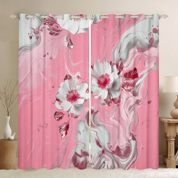 Homewish Girly Pink Marbling Blackout Curtains Set of 2 (52x84 Each), Chic Fashion Flower Floral Window Curtains, Abstract Ombre Curtains and Drapes, Black Out Curtains Decor