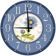 Round Wood Wall Clock Blue and White Flower Large Number Large Clock Wall Art 12 inch Home Decor