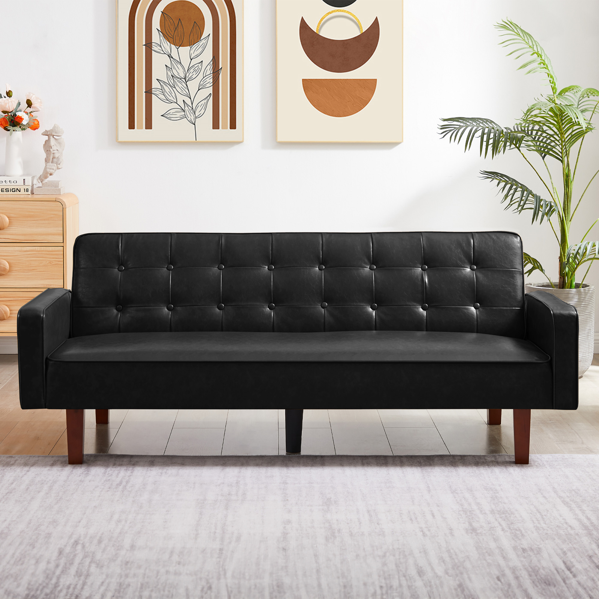 Aukfa 75" Button-Tufted Futon Convertible Sofa Bed for Home Office, Leather, Black