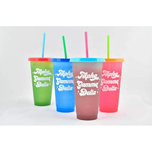 Sorority Shop Alpha Gamma Delta Color Changing Cups - Pack of 4 Reusable Cups with Lids and Straws, Alpha Gamma Delta Cup, Perfect Size 24 Oz Tumbler Cups, Mix and Match Lids With Cool Retro Design