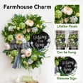 thumbnail image 2 of Artificial Half Circle Spring Summer Front Door Wreath with Welcome Sign, 24 Inch Hydrangea and Peony Floral Wreath with Striped Bow for Indoor Outdoor Home Decor, 1 Pack Green, 2 of 7