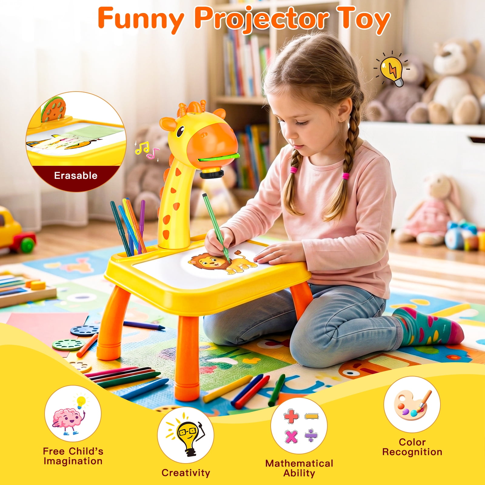 HXFOU 3-in-1 Kids Drawing Projector Art Set with Music, Deer Shaped Art Tracing Projector for Toddlers, Includes Art Supplies & 72 Patterns, Gift for Ages 3+
